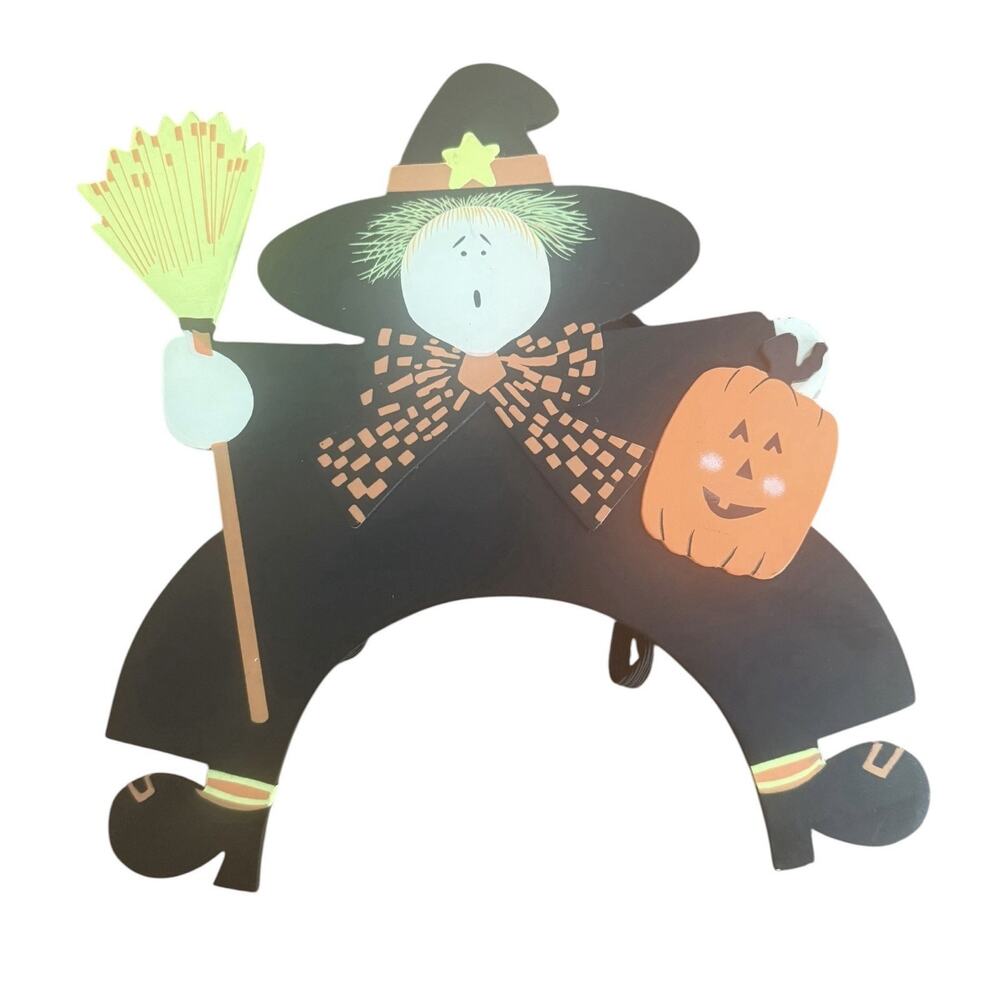Halloween Witch Mail Box Hanger Wood Broom Pumpkin Whimsical Home Decor